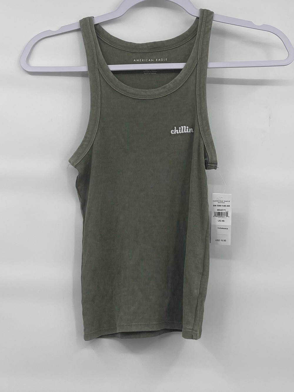 American Eagle nwt chill embroidered green ribbed tank top
